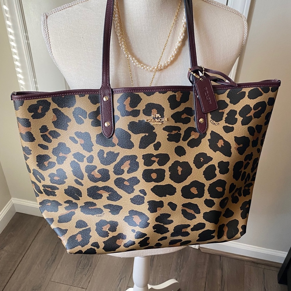 Coach reversible leopard/burgundy tote